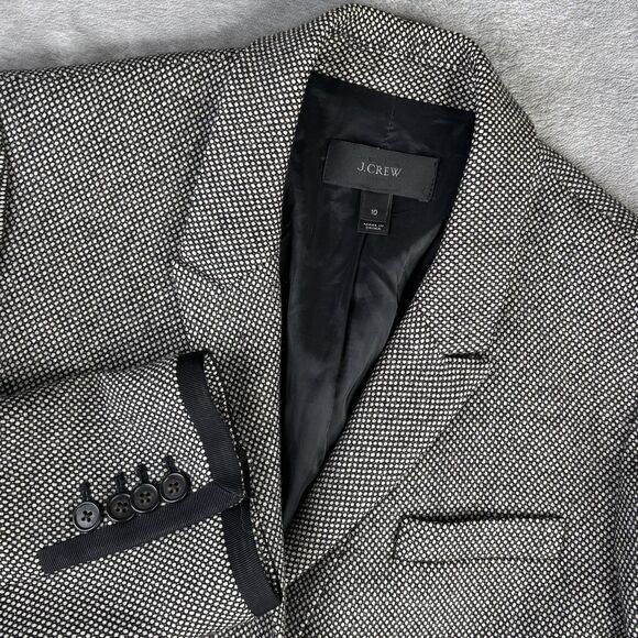 J Crew Blazer Womens 10 Black White Wool Tweed Style E4387 Piped Trim Lined - Picture 2 of 15